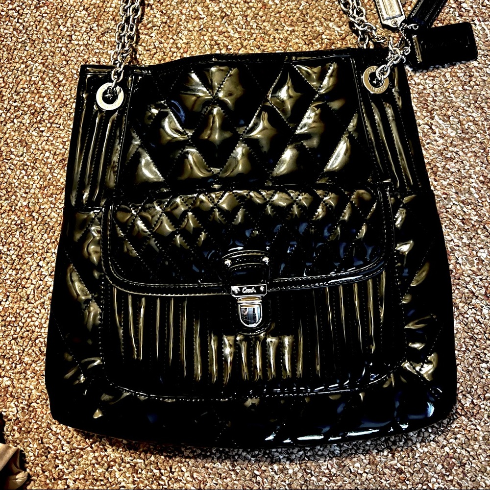 Coach Quilted Poppy Slim 19854 Black Silver Tote